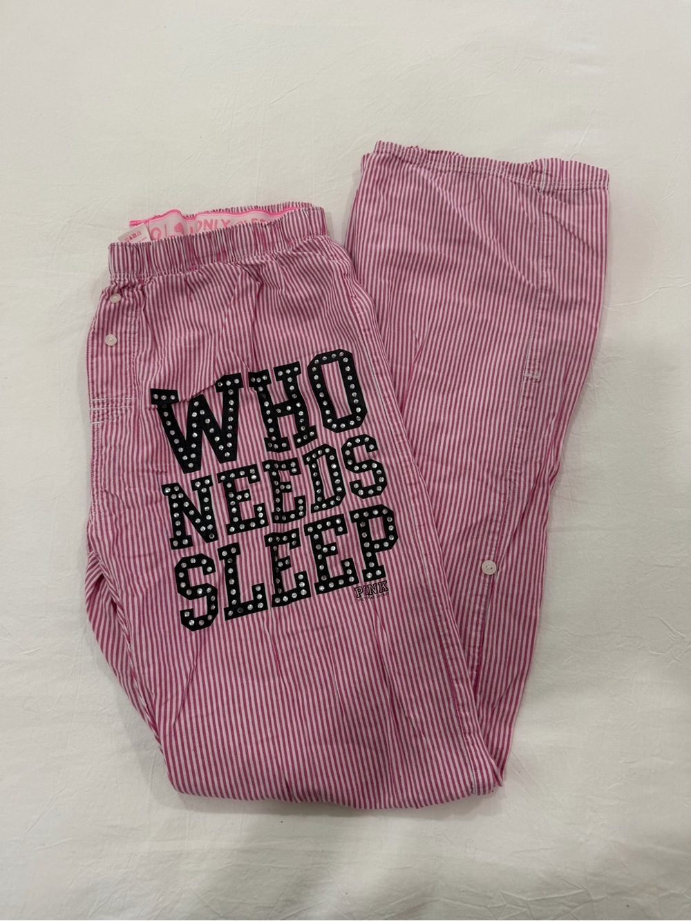 Victoria's Secret Pink Striped Pajama Pants with 'WHO NEEDS SLEEP' Graphic rare